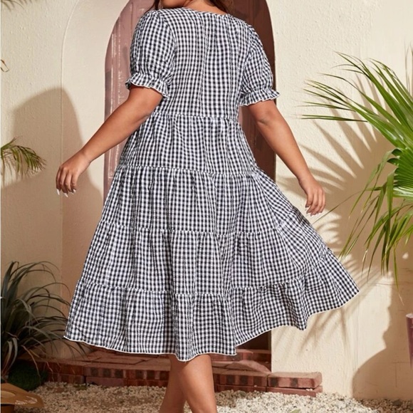 Classic Plus Size Gingham Puff Sleeve Ruffle Hem Smock Dress - Picture 2 of 5